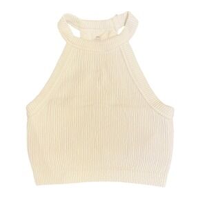 Aerie Real Good Womens XS Ribbed High Neck Halter Crop Top White